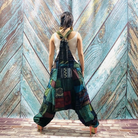 Handmade Baggy Hippy Patchwork Overall Jumpsuit - Picture 3 of 6
